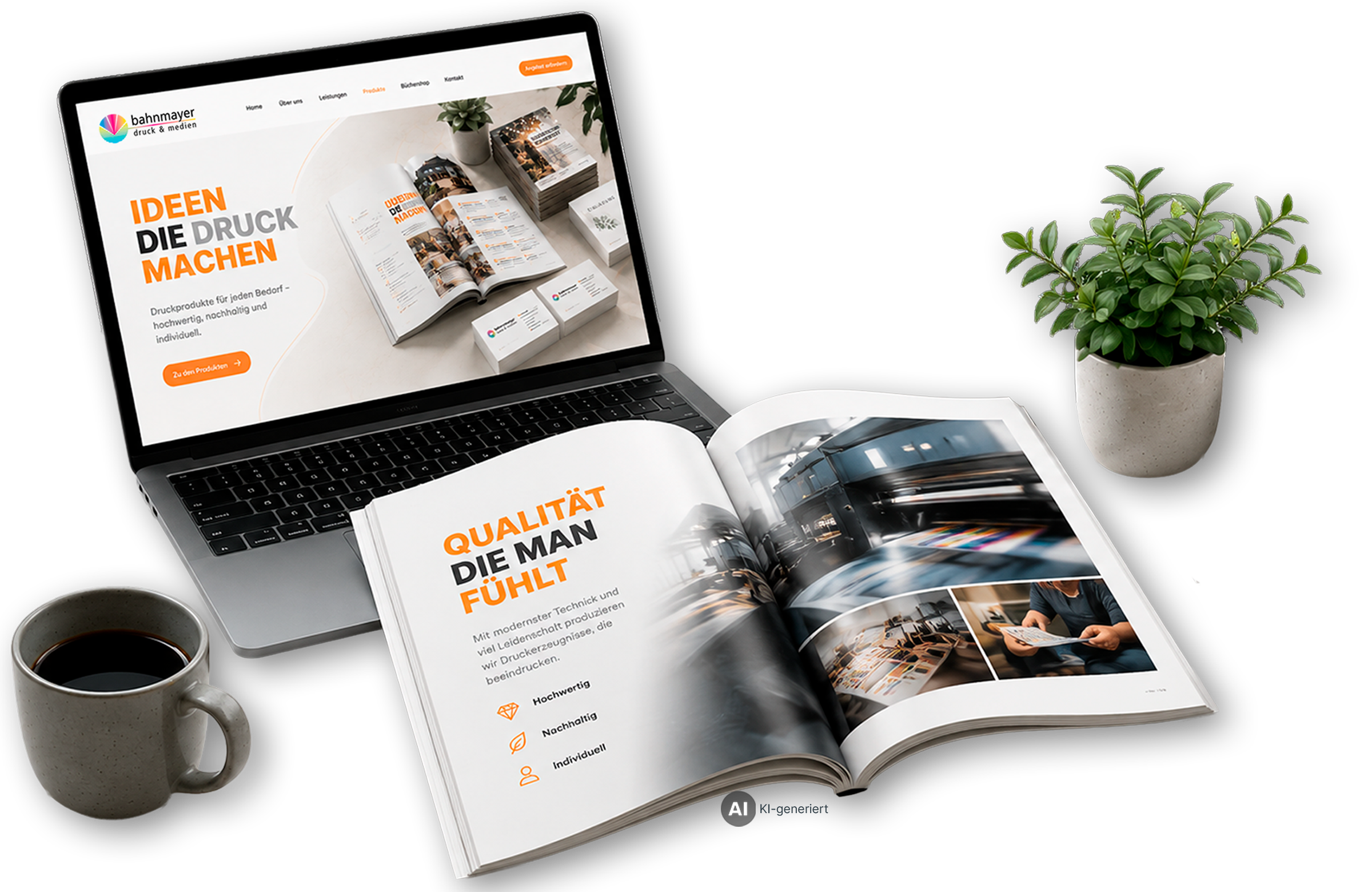 KI-generierte Darstellung eines Laptops mit Bahnmayer-Magazin und Druckerzeugnissen